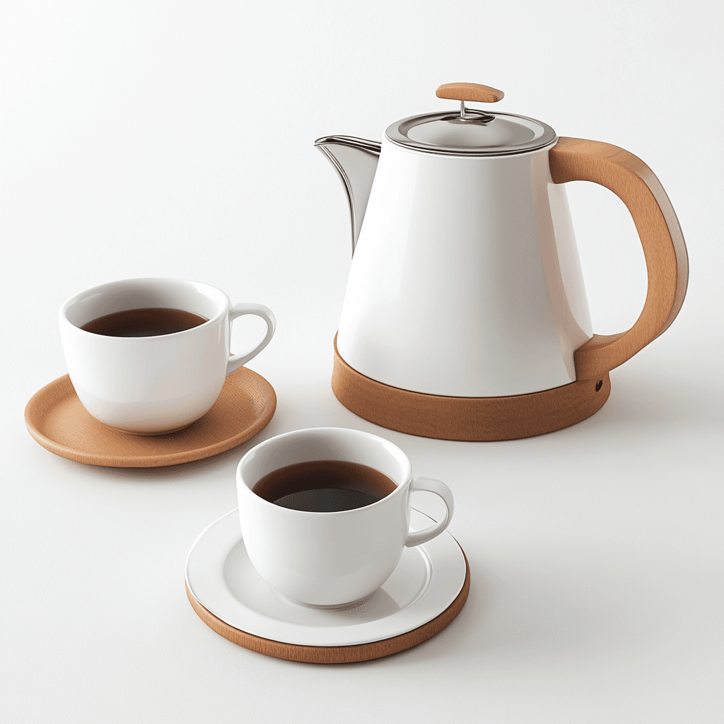 Elektrische Kaffeekanne mit zwei Tassen und einem Becher auf weißem Untergrund aus Holz, modernes Design.