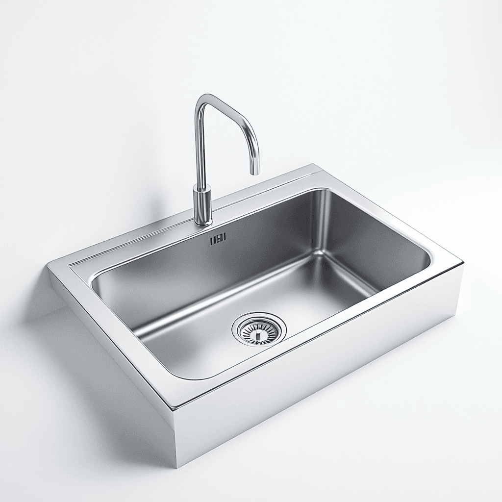 Kleines, modernes Waschbecken mit integriertem Ausguss und Wasserhahn auf weißem Hintergrund.