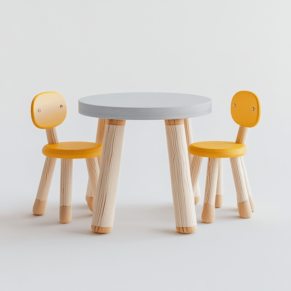 Holz-Kinderspielzeugset bestehend aus weiß lackiertem Tisch und zwei Stühlen.