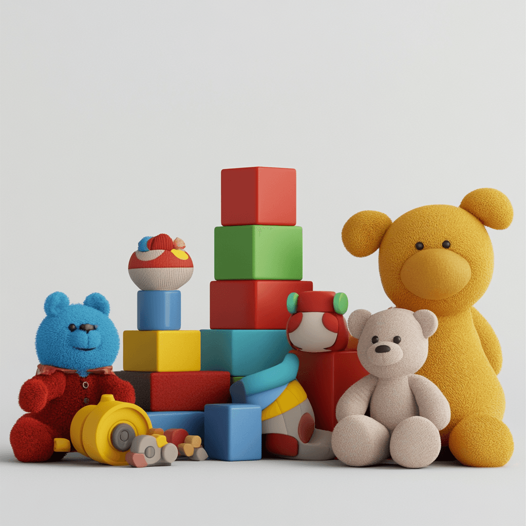Spielzeuge, darunter Teddybären und Bauklötze, liegen vor weißem Hintergrund.