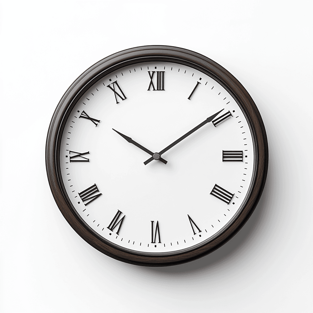 Eine Wanduhr mit dunklem Rahmen und weißem Zifferblatt zeigt 10:10 Uhr an.