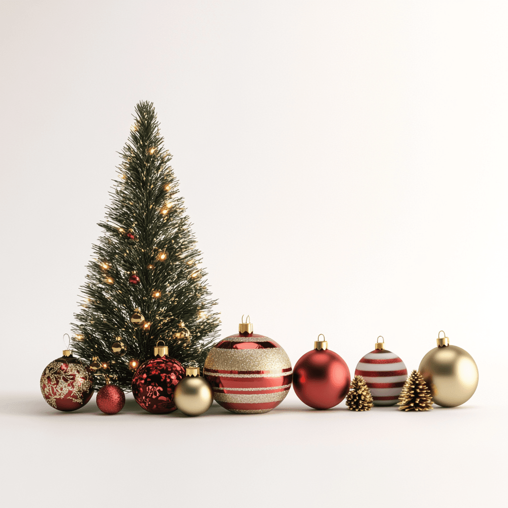 Ein kleiner Weihnachtsbaum mit Geschenken und Dekoration in Rot und Gold.