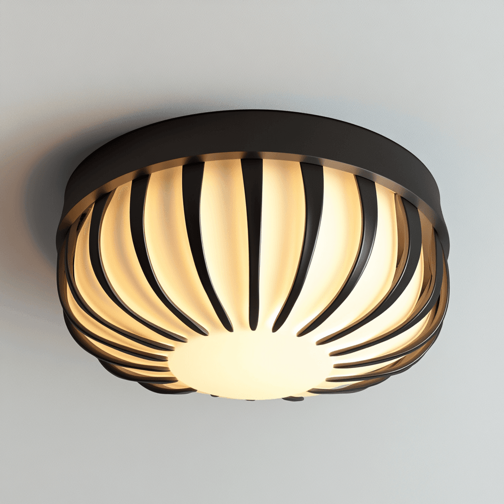 Ein modernes, ovales Metalllicht mit schwarzem und goldenem Finish wird von cremefarbenem LED-Licht beleuchtet.