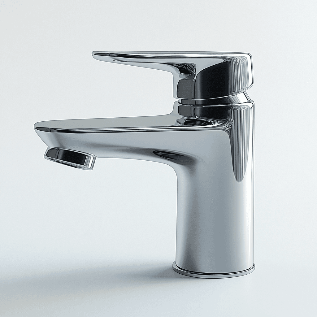 Chrom-Nickel-Badarmatur mit langem Arm und leicht geneigter Düse auf weißem Hintergrund.