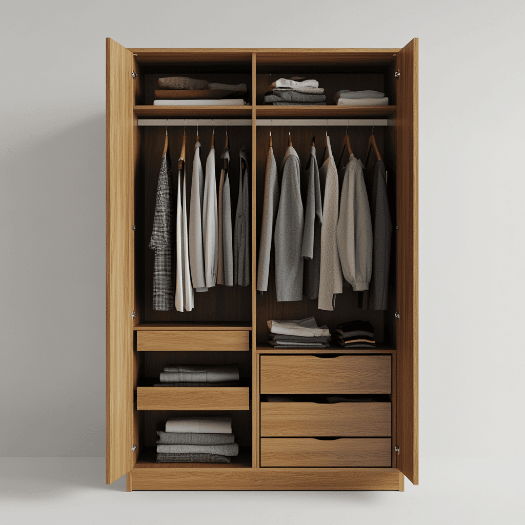 Ein Schrank mit Kleidung und Gegenständen, Schubladen und Kleiderhängern.
