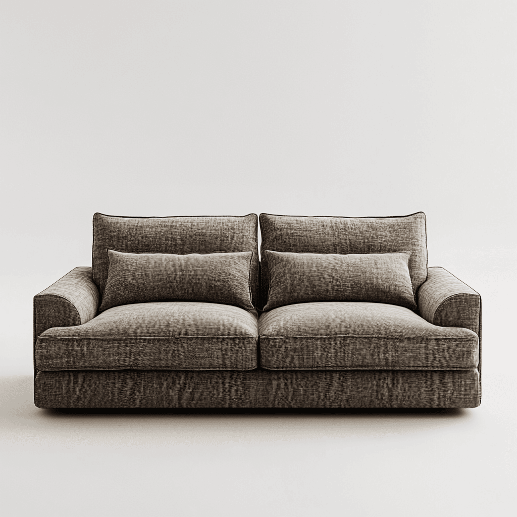 Graues, zweisitziges Sofa mit zwei Kissen vor weißer Wand und Boden.