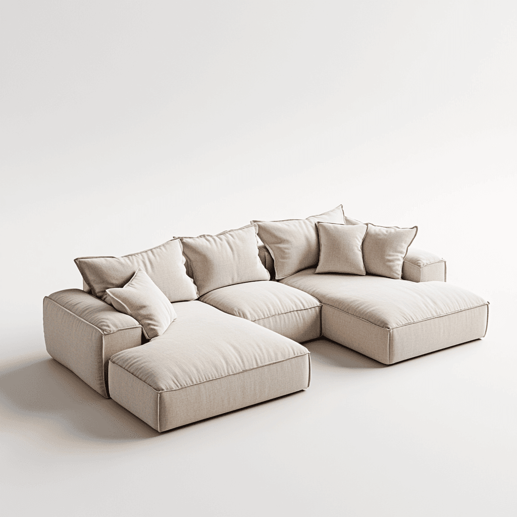 Weißes, großes Wohnzimmersofa mit rechter Eckbank und Kissen auf hellem Boden.