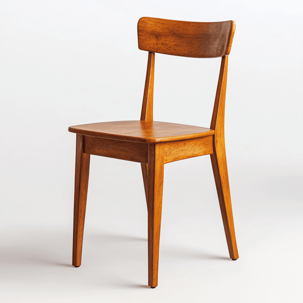 Holzstuhl mit einfachem, elegantem Design. Flacher Sitz, hohes Rückenteil, lange, schmale Beine.