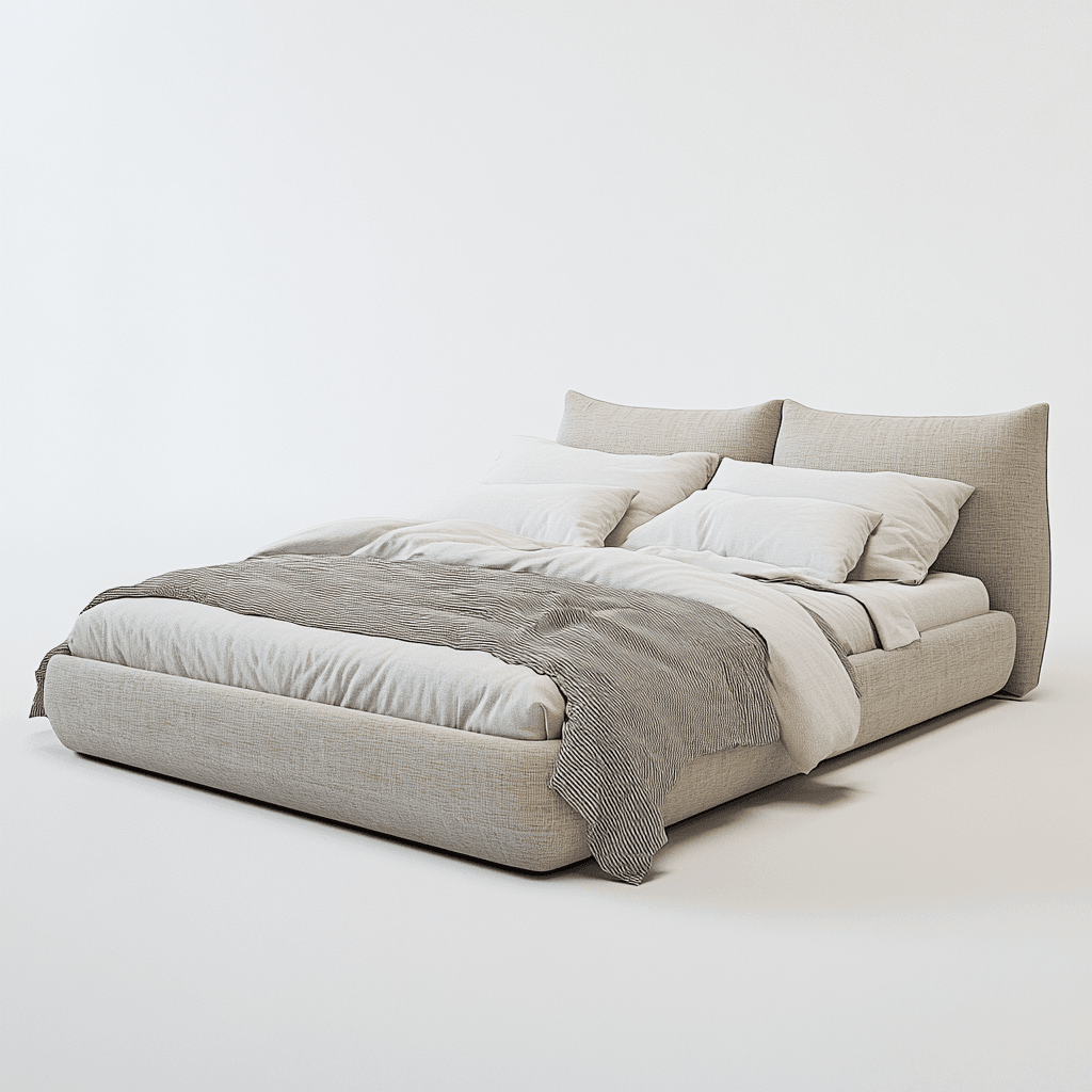 Ein großes Bett mit grauen Stoff-Kopfteil, weißem Laken, weißen Kissen, schwarzer Decke und Bettzeug.