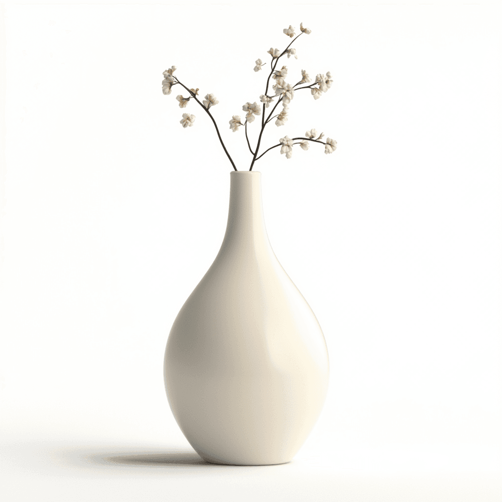Weißer Vasen mit weißem Blumenstrauß auf weißer Tischplatte vor weißem Hintergrund.