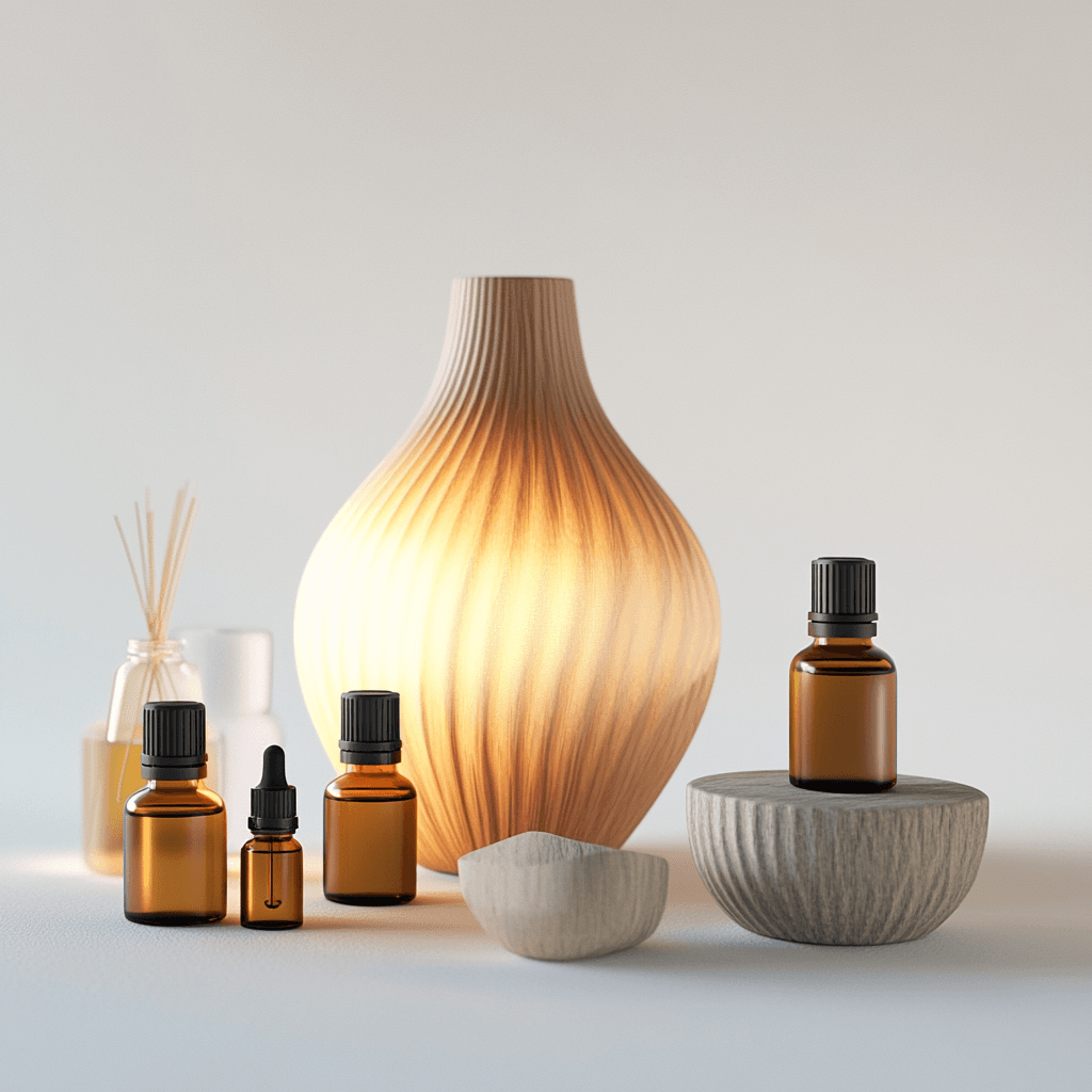 Arrangement verschiedener Düfte in Gläsern und einer Lampe auf weißem Tisch.