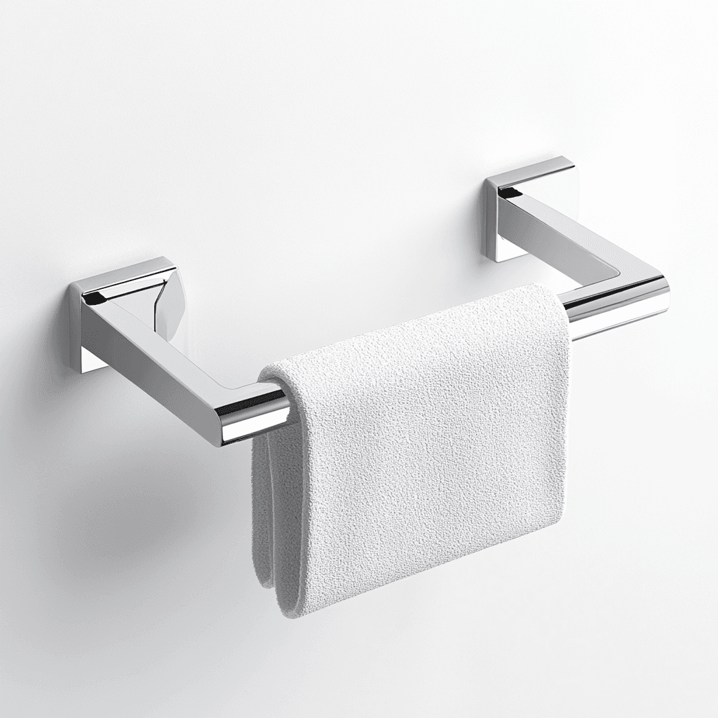 Moderne Toilettenpapierhalterung mit weißem Handtuch.