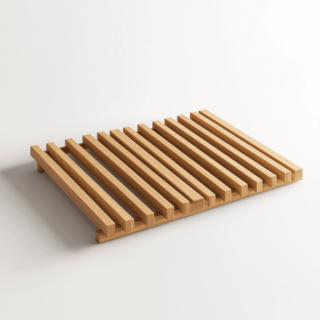 Holzträger für Töpfe aus Latten auf weißem Hintergrund.