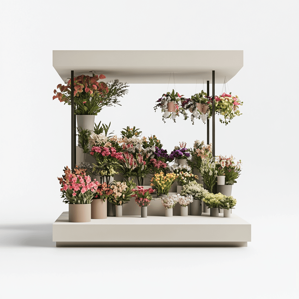 Ein Blumenstand mit vielen Blüten auf zwei Regalen und einem weißen Podest, sowie drei Hängekörben mit Pflanzen.