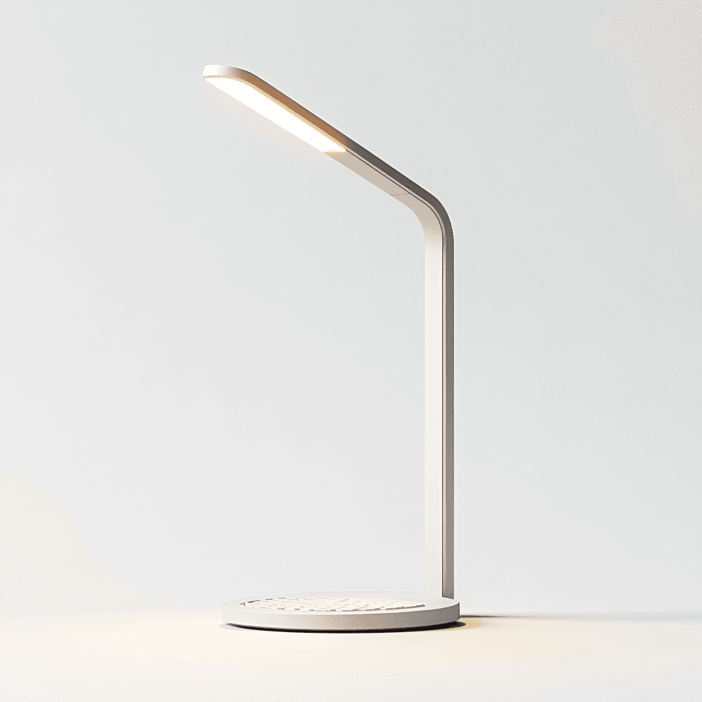 Eine weiße LED-Lampe mit flachem, rundem Fuß und langem, gebogenen Arm vor hellgrauem Hintergrund.