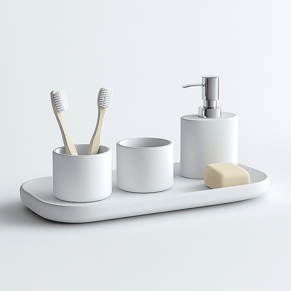 Ein weißes Badezimmer-Set bestehend aus Zahnbürstenhalterung, Tumbler und Seifendose. Ein Handtuch liegt auf dem Boden.