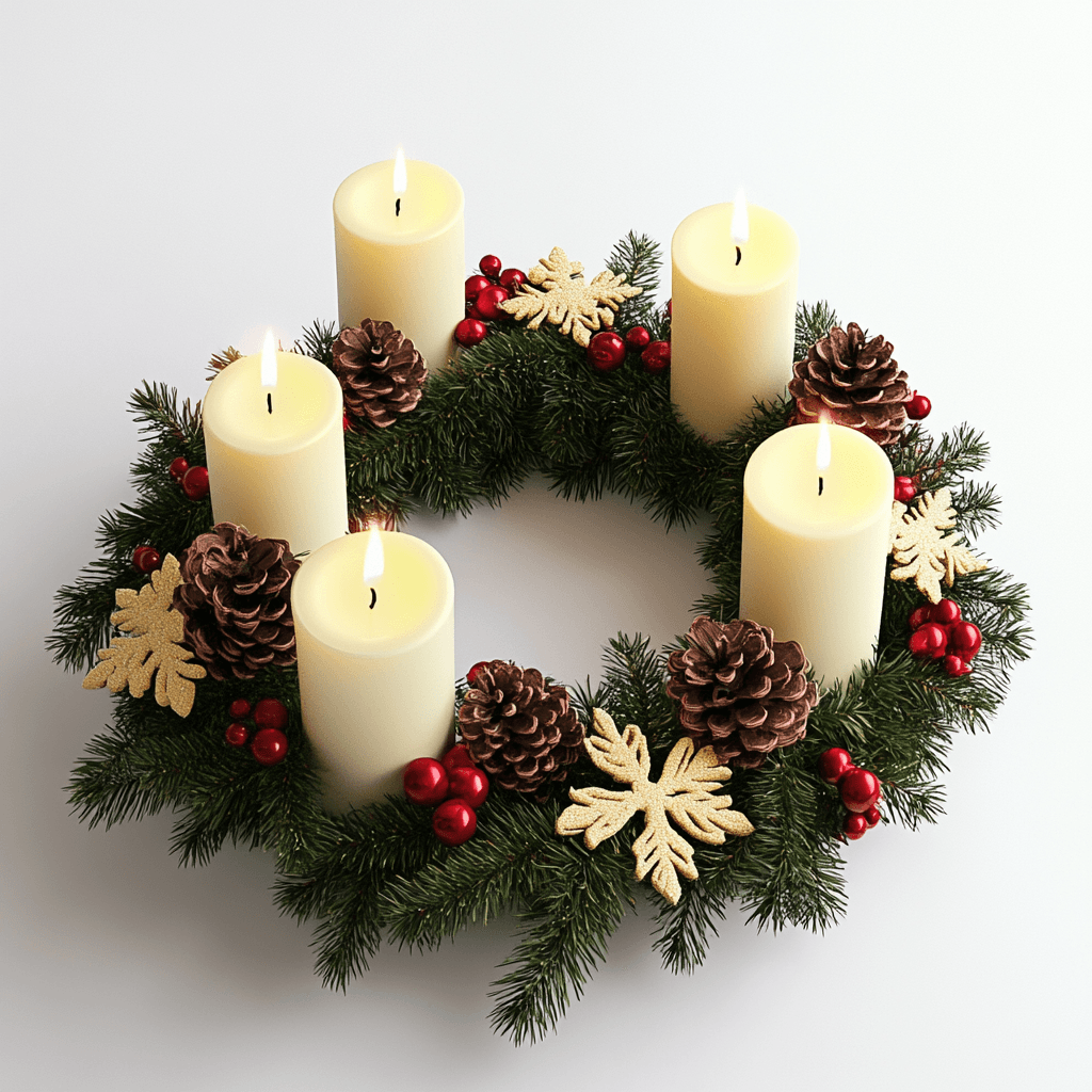 Weihnachtskranz aus grünen Zweigen, Kiefernäpfeln, roten Beeren und goldfarbenen Sternen mit weißen Kerzen auf weißem Hintergrund.