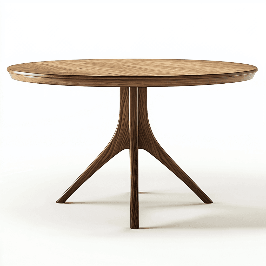 Ein Tisch mit einem runden Holztopf und einem dreibeinigen Ständer auf weißem Hintergrund.