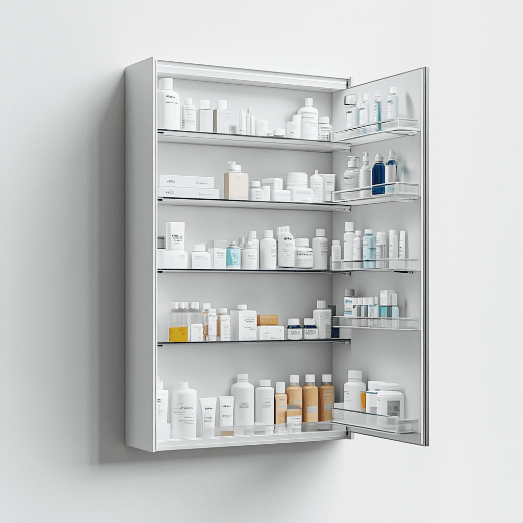 Medizin- oder Kosmetik-Schranksystem mit vielen Flaschen und Dosen an den Regalen.