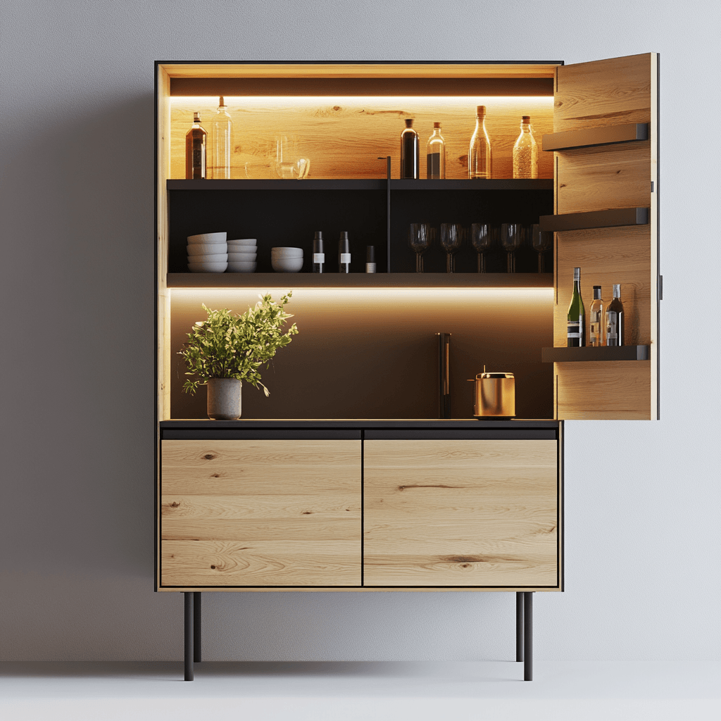 Schrank mit offenem Oberwandschrank und geschlossenem Unterboden, gefüllt mit Flaschen, Gläsern und einer Pflanze.