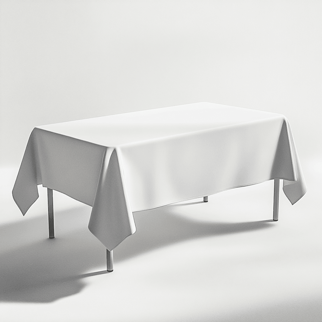 Eine weiße Tischdecke auf einem metallischen Tisch mit starkem Schattenwurf vor weißem Hintergrund.