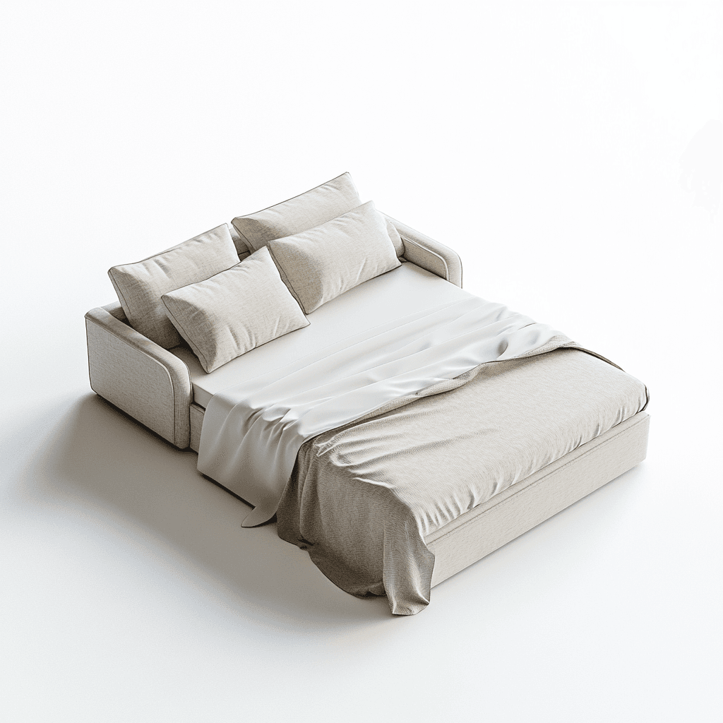 Ein cremefarbenes Sofa mit drei Kissen, das sich zu einem Bett umfunktionieren lässt.