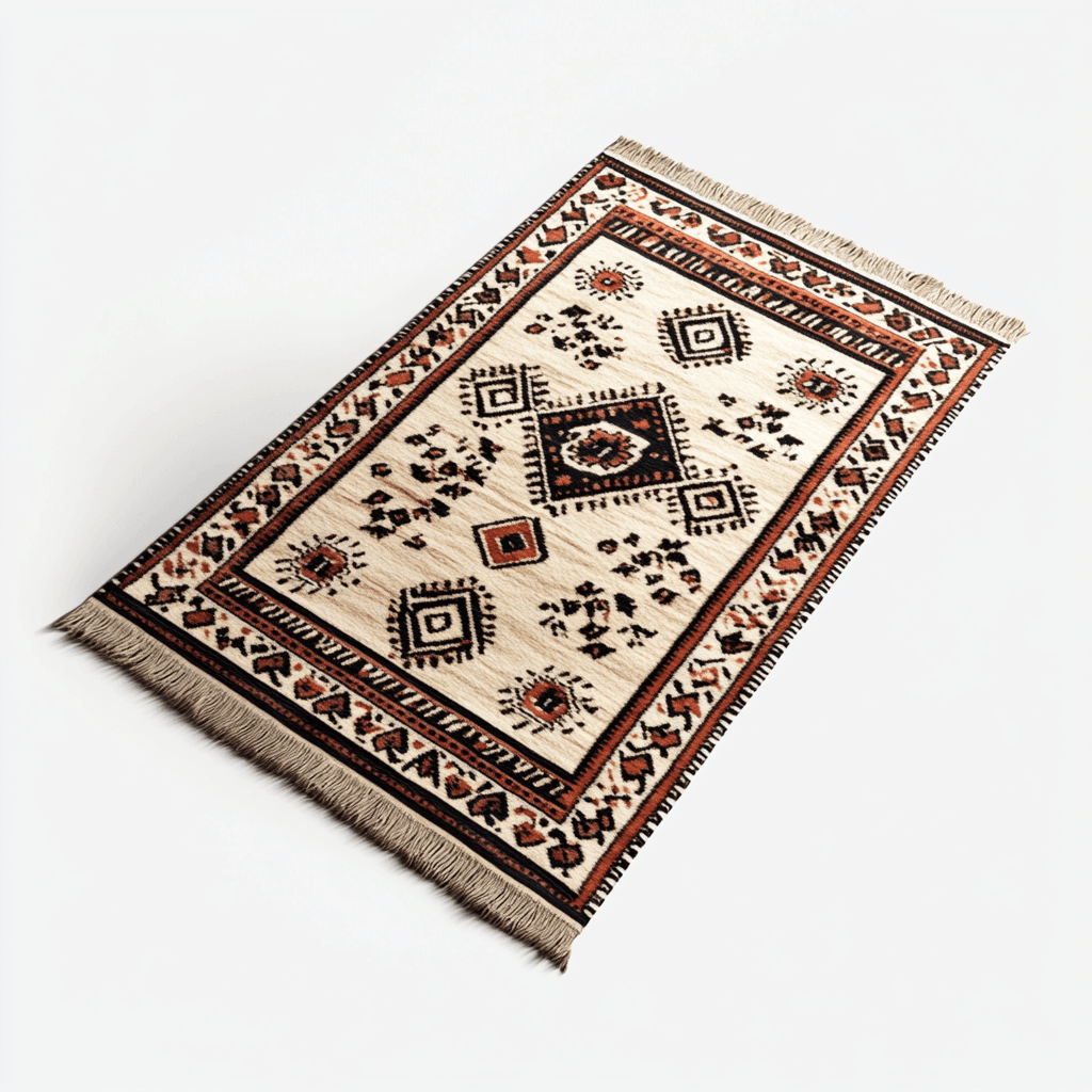 Weißer Teppich mit traditionellen und modernen Mustern auf weißem Hintergrund.