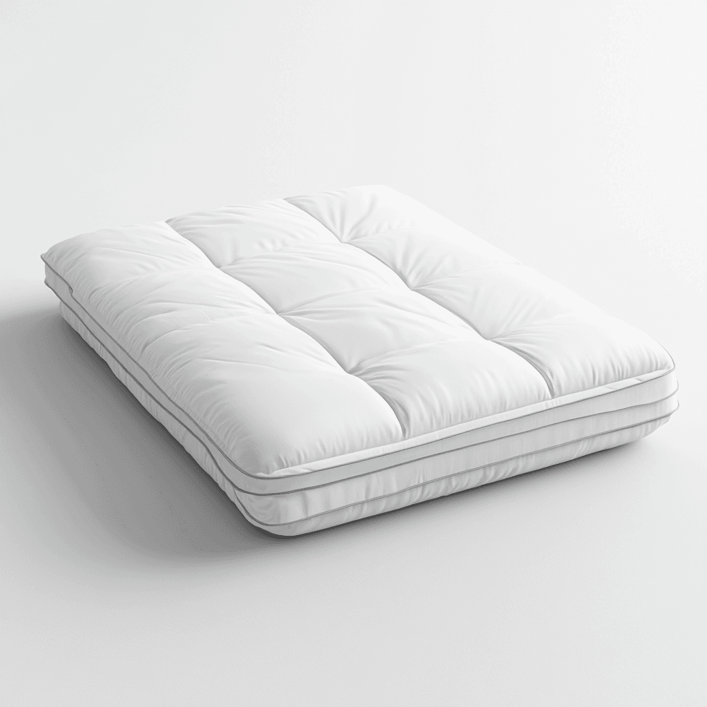 Weißes, bequemes Matratzenbett mit Kopfkissen und mehreren Kissen auf weißer Unterlage.