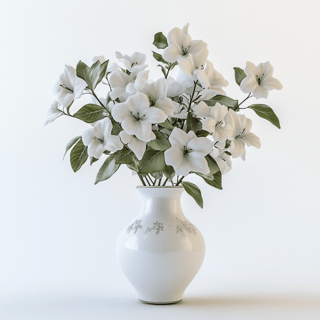 Weißer Blumenstrauß mit weißen Lilien und grünem Blattwerk in einer weißen Vase.