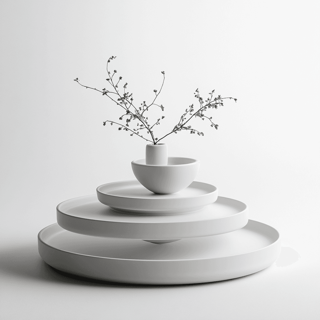 Weiße Vase mit Blüten auf dreistufigem Sockel aus weißen Schalen vor weißem Hintergrund.