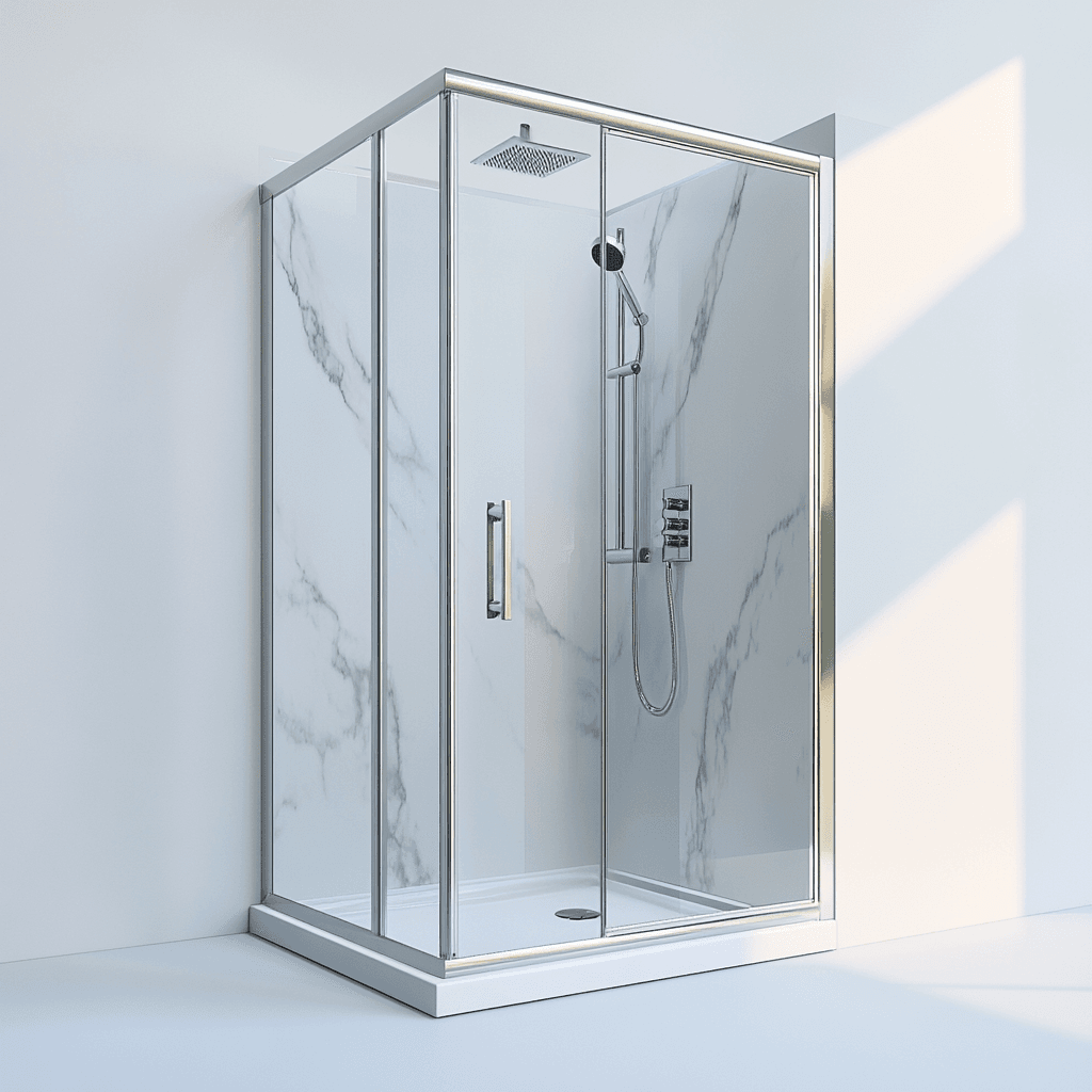 Moderne Dusche mit Glasabtrennung und Wasserstrahl vor weißem Hintergrund.