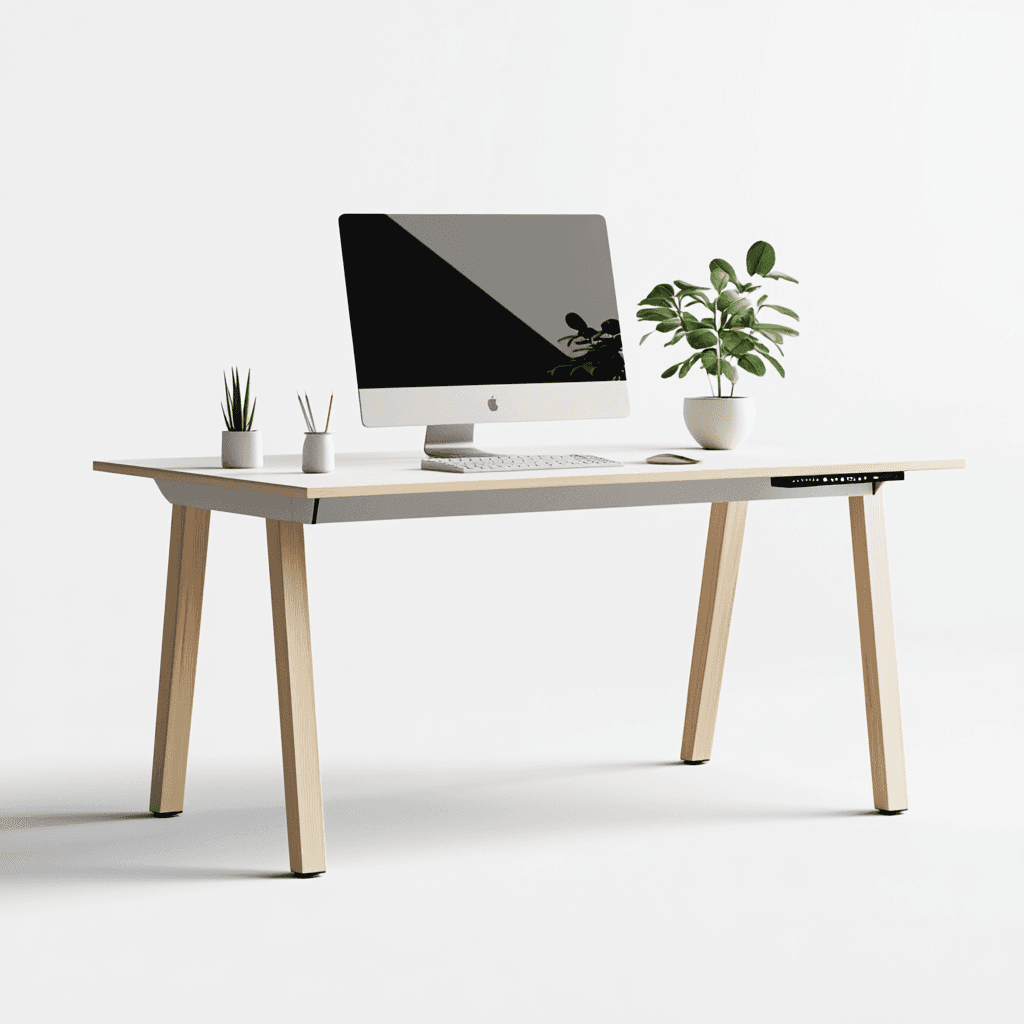 Schreibtisch mit Computer, Pflanze und Accessoires.