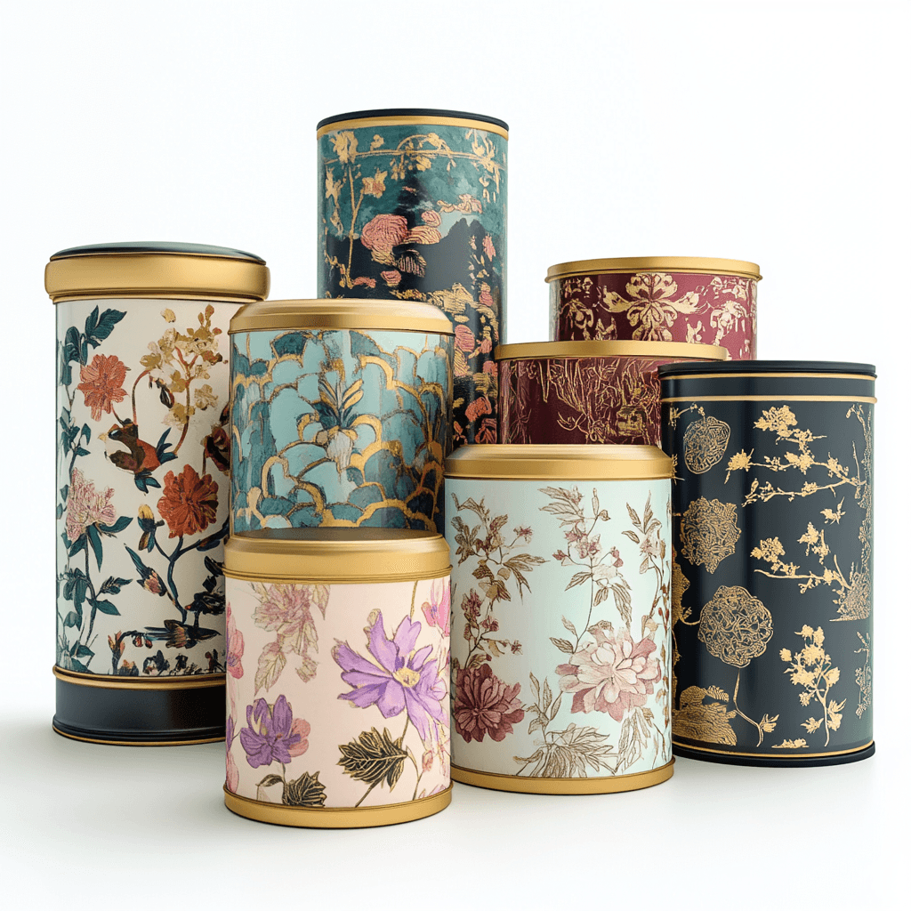 Eine Sammlung von Behältern unterschiedlicher Größe und Design mit chinesischen Motiven.