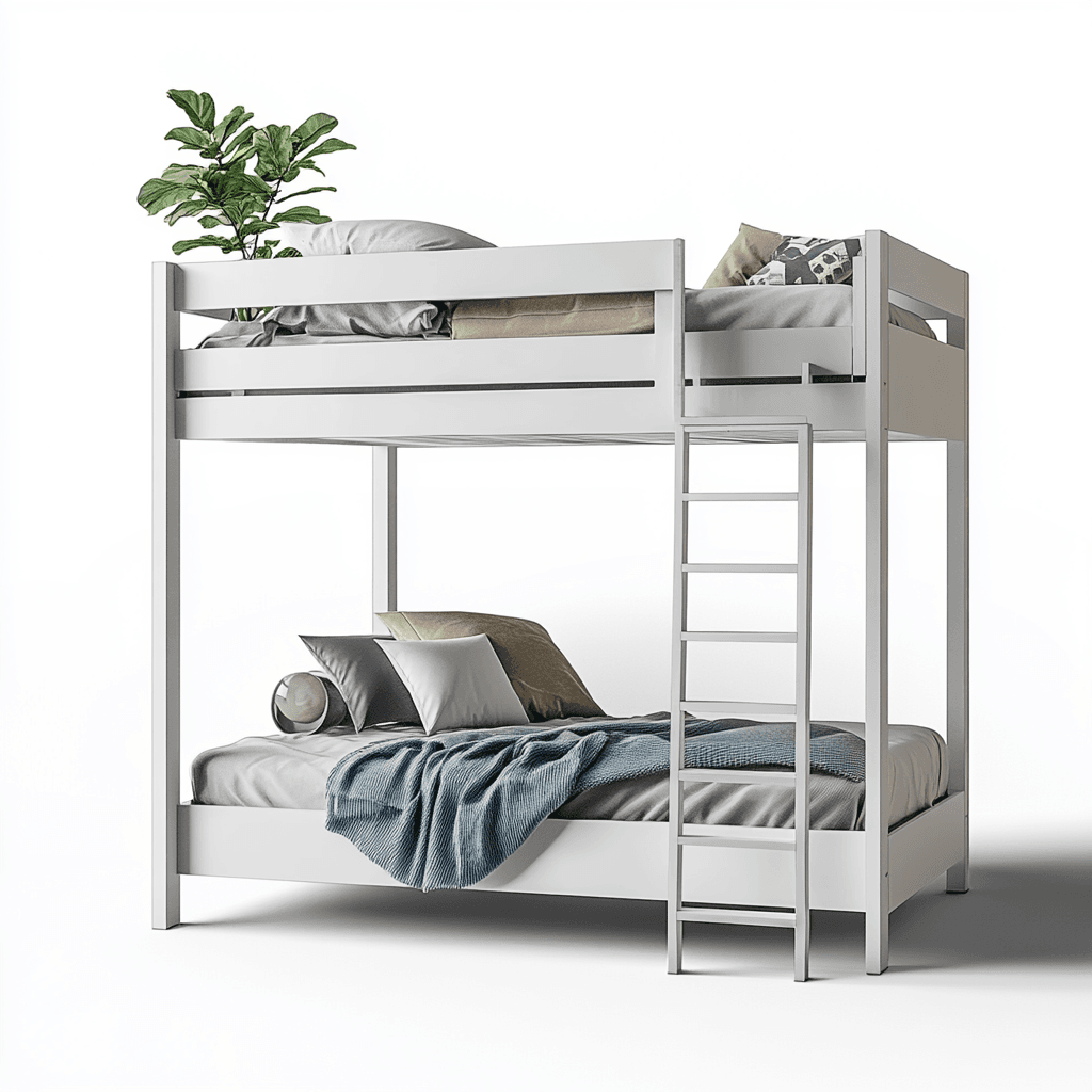 Weißes, zweistöckiges Bett mit Leiter und Blattwerk auf dem oberen Bett.  Mit Kissen und Decken ausgestattet.