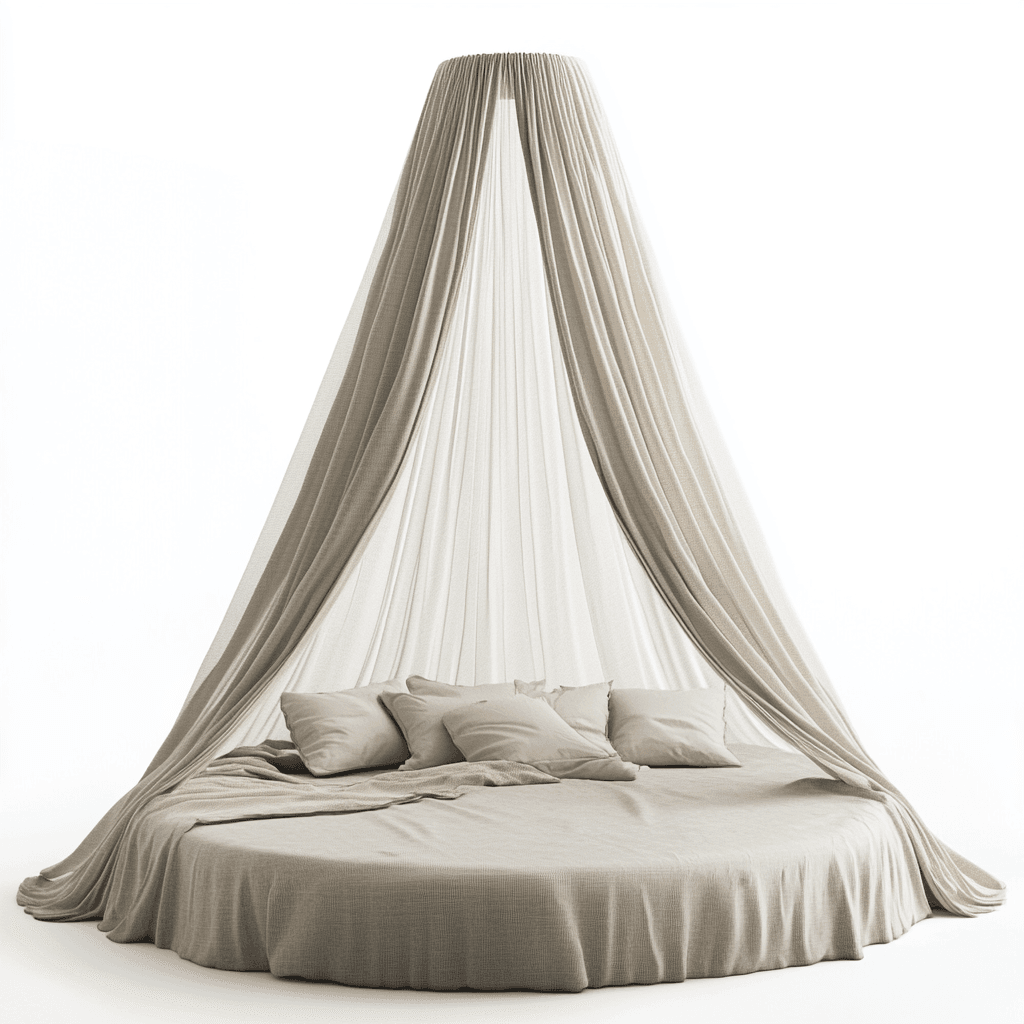 Ein Bett mit großem, weichem Kissen und elegantem Moskitonetze.