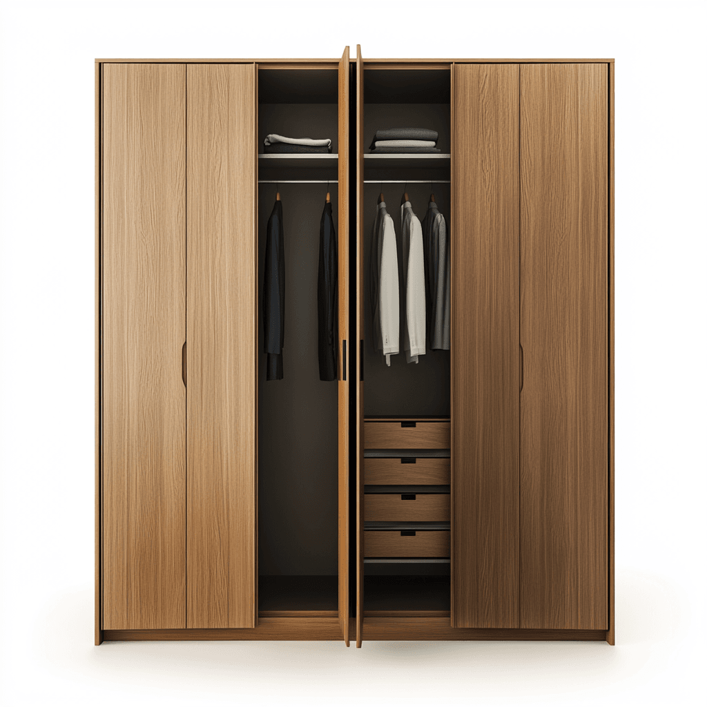 Holzschrank mit drei Türen, vier Fächer und zwei Regalen mit Kleidungsstücken.