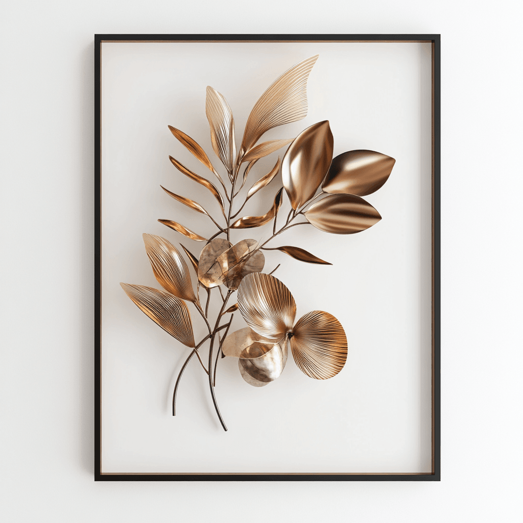 Goldene Blumen- und Blätterdekoration in schwarzem Rahmen auf weißem Hintergrund.
