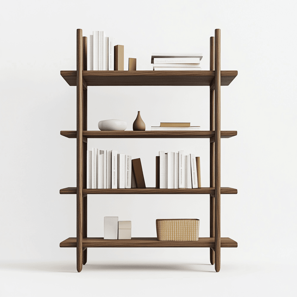Ein Bücherregal mit vier Regalen, gefüllt mit Büchern, Kästchen, Krügen und Keramik.