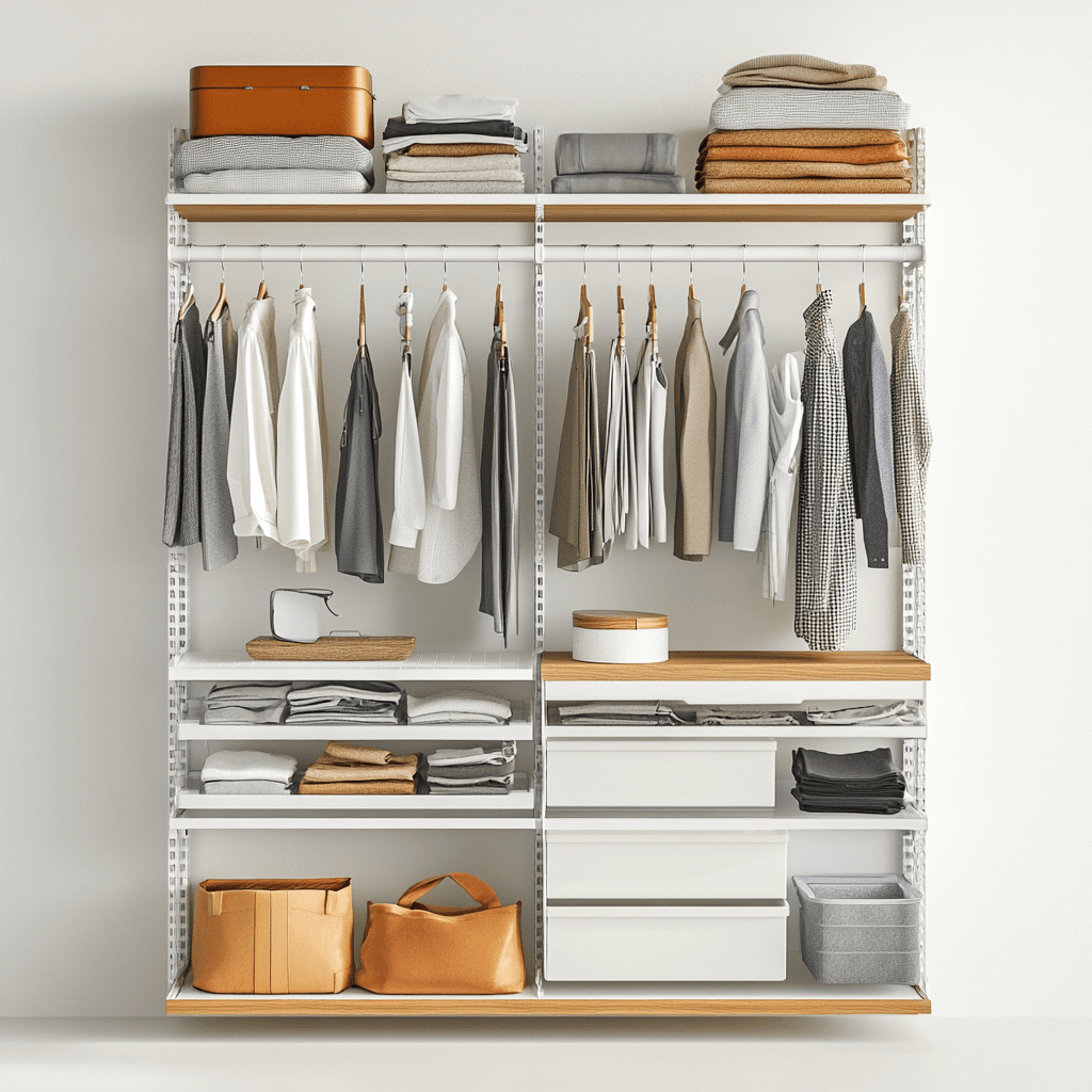Schranksystem mit Kleidung und Accessoires auf weißem Hintergrund.