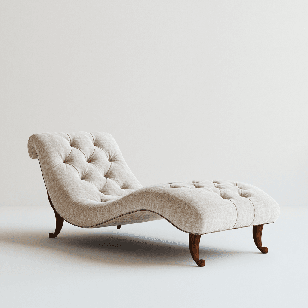 Weiße Chaise Lounge mit dunklen Beinen auf weißem Hintergrund.  Stoff, modernes Design.