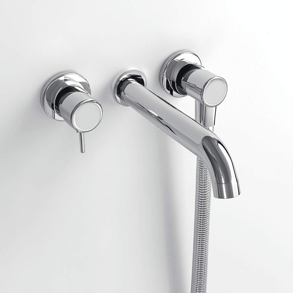 Moderner Wasserhahn mit Sprudel-Mischfunktion an weißer Wand. Zwei Auslassdüsen, integrierte Duschkopfsprudelanlage.