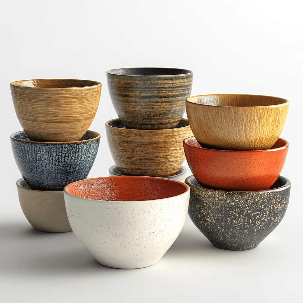 Ten ceramic pots of varying colors and patterns are stacked together.