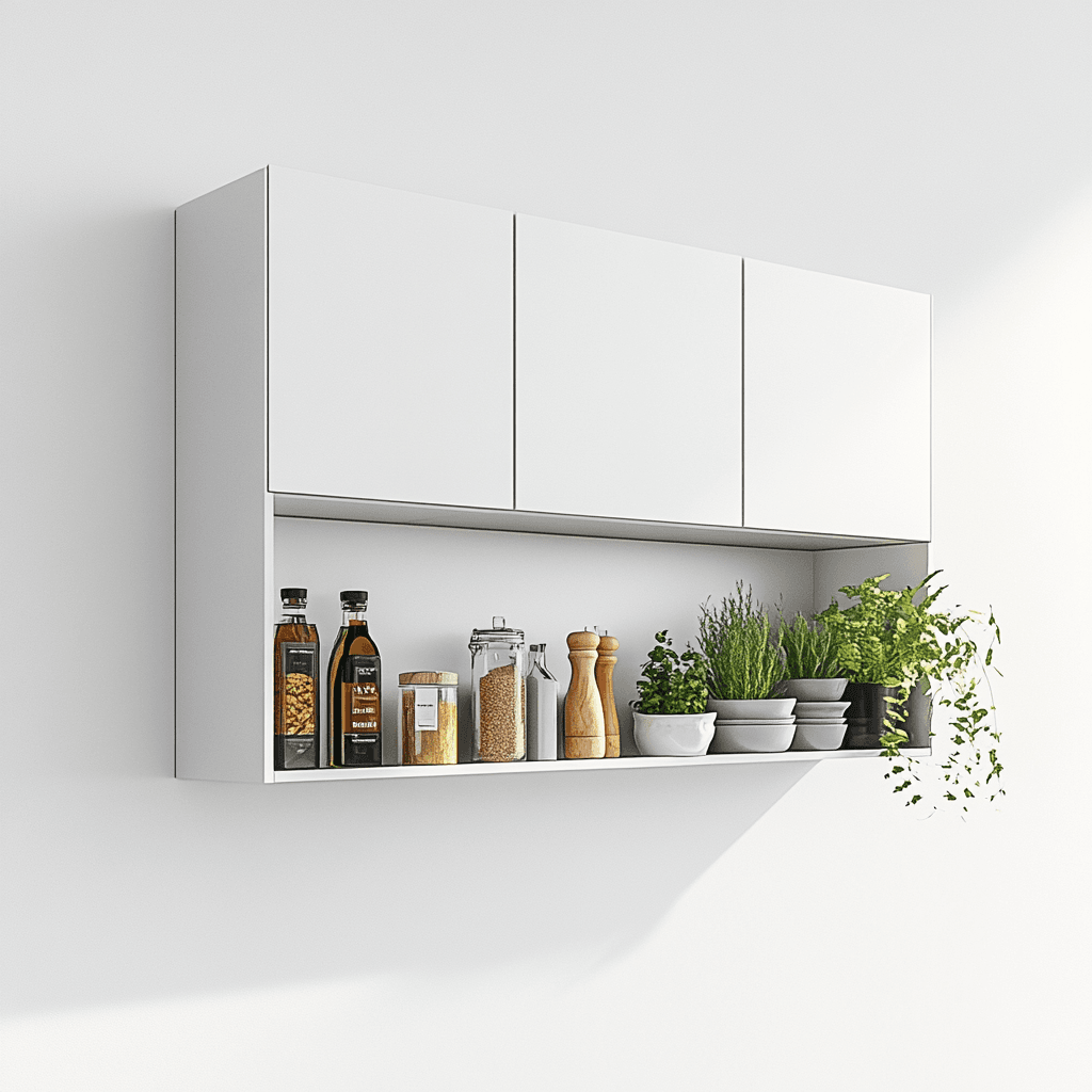 Weißer Schrank mit durchgehendem Regal, darauf Lebensmittel und Pflanzen wie Olivenöl und Salz.