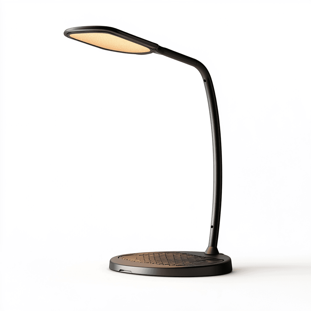 Tischlampe mit ovalem Lichtband, schwarzer Oberfläche und schmalem Stiel auf brauner Unterlage vor weißem Hintergrund.