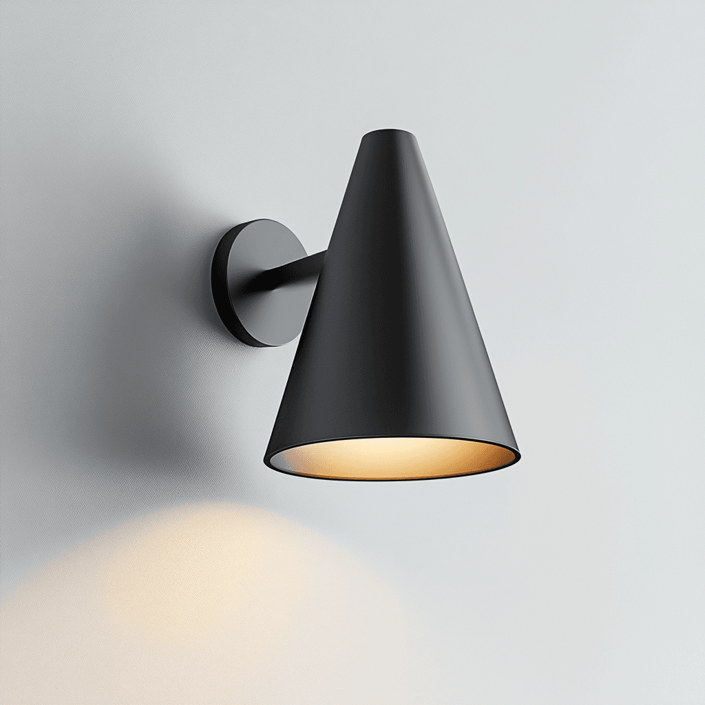 Eine schmale konische Lampe mit schwarzer, mattem Finish an einem Arm, der an einem Ständer befestigt ist.