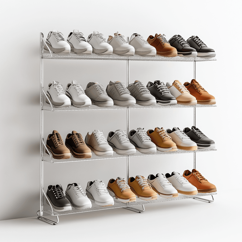Ein Schuhregal mit vier Regalen zeigt verschiedene Schuhe.