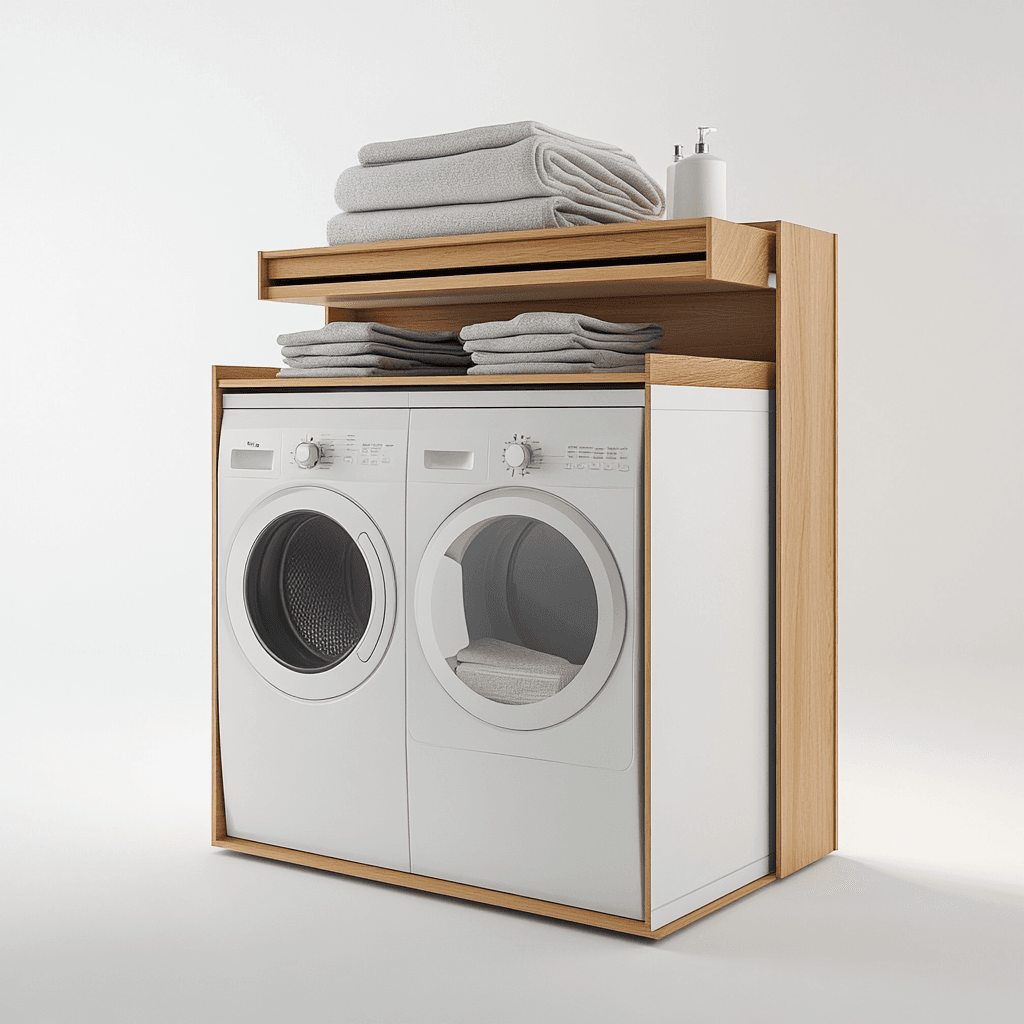 Ein Wasch- und Trocknungsautomat mit einem Holzschrank darüber, der Kleidung aufbewahrt. Der Schrank hat zwei Regale für Handtücher und eine Fläche zum Auflegen von Wäsche.