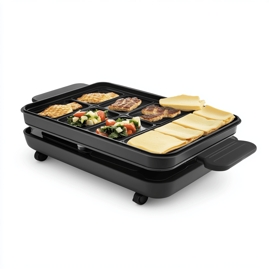 Raclette-Grill mit Zutaten auf weißem Hintergrund.