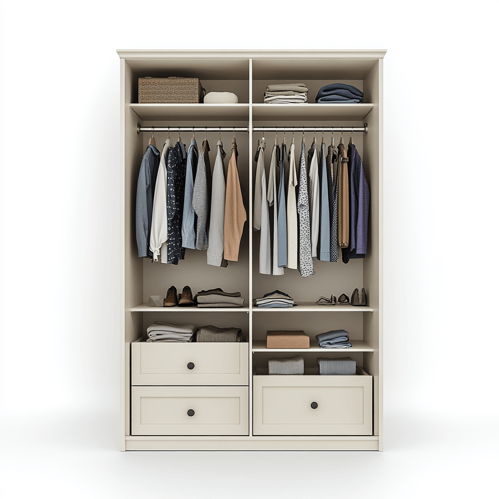 Ein Schrankbett mit großem Schrank und zwei vollgestopften Schubladen.