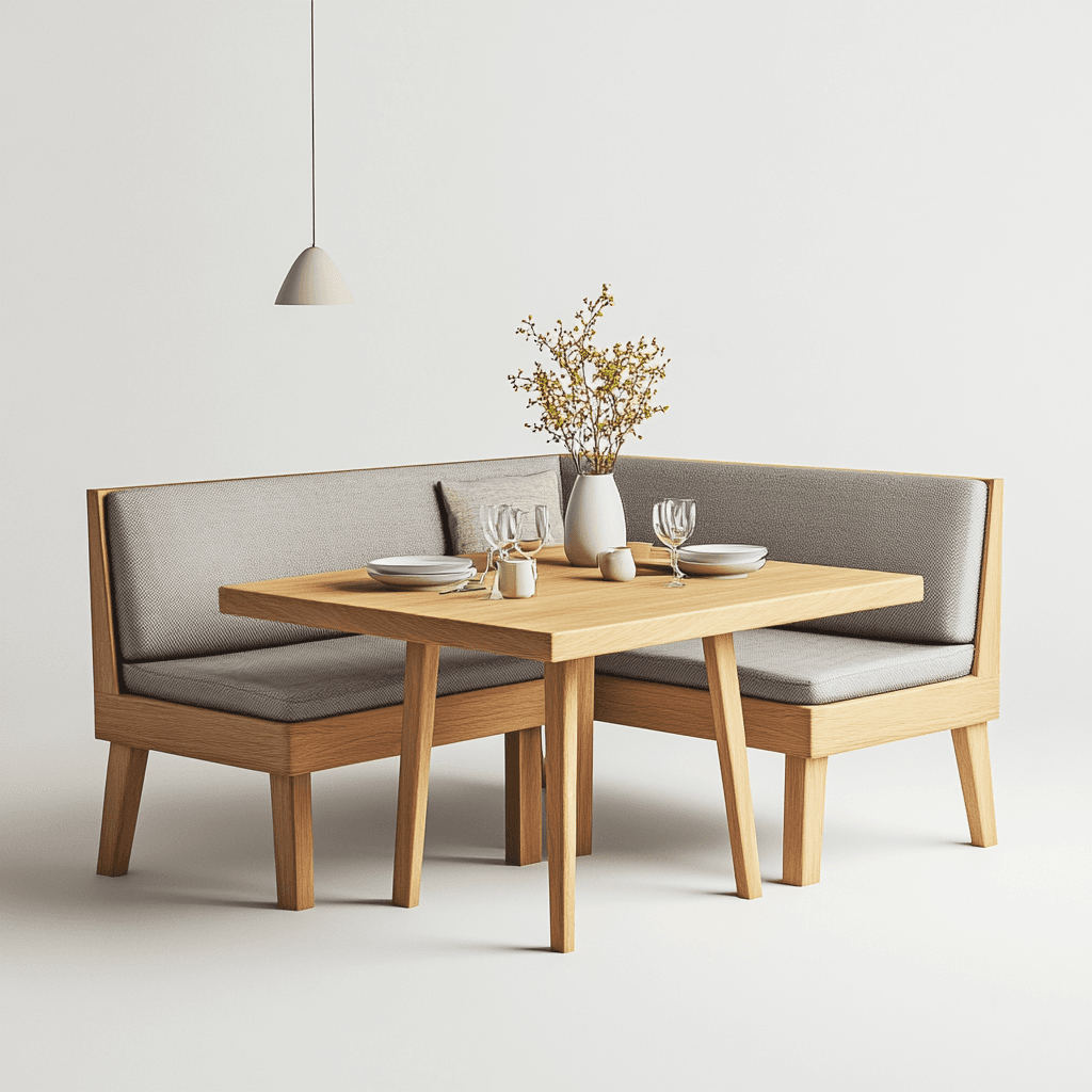 Kleiner Holztisch mit zwei Sitzmöglichkeiten, die einen Ecktisch bilden können. Graue Kissen.